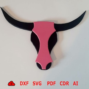 May include: Black and pink silhouette of a bull's head. The horns and the outline of the head are black, and the face is pink.
