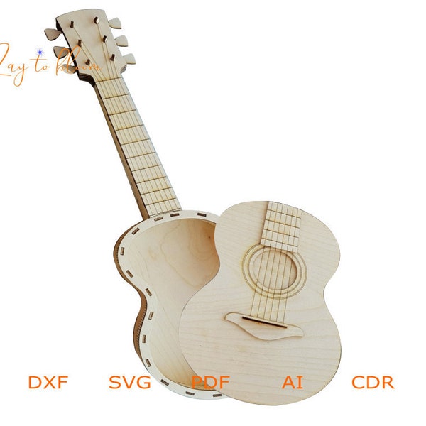 File DXF per laser Scatola regalo chitarra in legno, Progetti vettoriali per router CNC e taglio laser, File svg, stampante laser 3D, Compensato 3mm