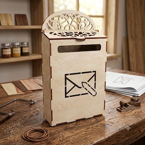 May include: A light-colored wooden wall-mounted mailbox featuring a laser-cut envelope and pencil icon on the front. The top section has an arched, decorative filigree cutout pattern, and the rectangular body includes a horizontal mail slot.