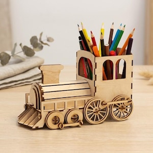 木製ペンオーガナイザー 電車、3mm レーザーカット DXF SVGファイル