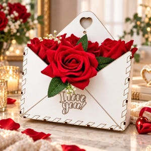 May include: A white wooden envelope-shaped box featuring a heart-shaped cutout at the top and the text "I love you!" engraved on the front. The box is filled with several deep red artificial roses with green leaves and small white filler flowers.