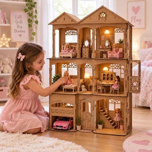 May include: A three-story wooden dollhouse with an open-front design, featuring multiple rooms furnished with miniature beds, chairs, tables, and lamps. The structure includes a garage with a pink toy car, a staircase, and several small dolls.