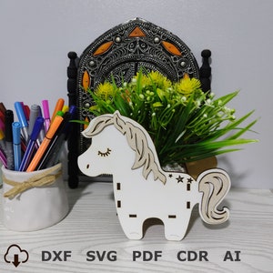 Cavallo in legno Vaso da fiori tagliato al laser, Portafiere taglio laser svg dxf, Decorativo Cavallo in legno per portapenne e scrivania Organizzazione