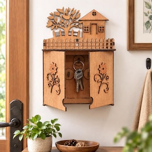 May include: A wall-mounted wooden key cabinet featuring two doors with laser-cut floral designs. The top section displays a decorative cutout of a tree and a small house behind a picket fence. Inside, metal hooks hold a set of silver keys.