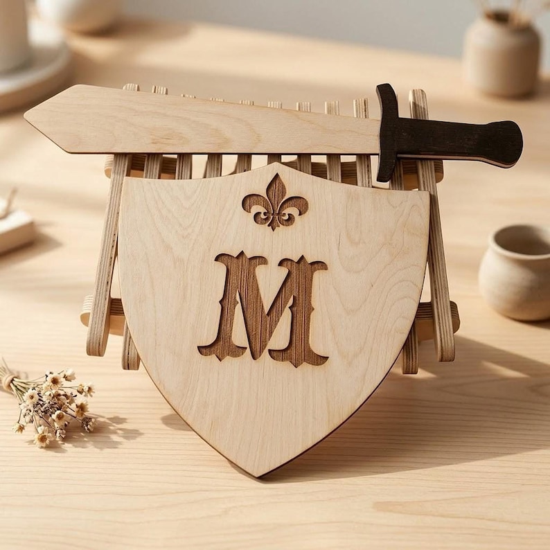 A light wood shield featuring a brown letter M and a fleur-de-lis, placed on a table stand with a wooden sword and small dried flowers nearby.
