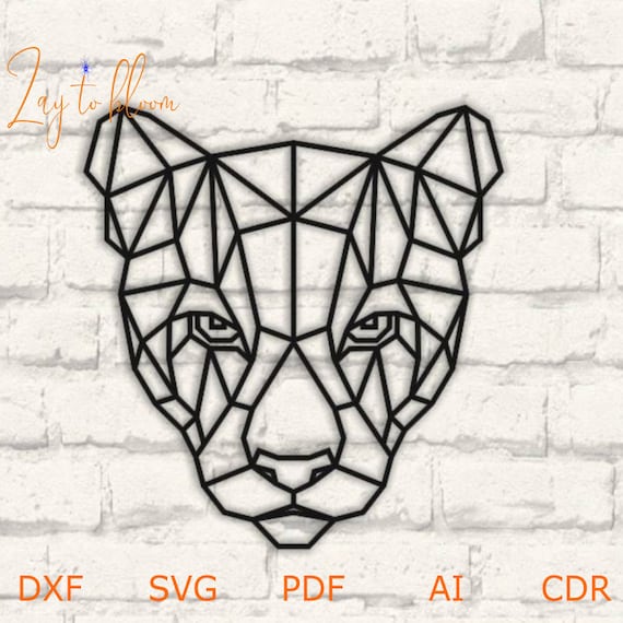 Fichier DXF pour laser En bois puma tête wall art, projet Vector pour routeur CNC et coupe laser, fichier svg, cnc Cut Vector, Mur géométrique tête