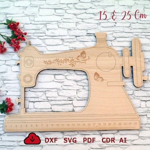 May include: A wooden cutout of a sewing machine with butterfly designs. The cutout is 15 cm by 25 cm and comes in DXF, SVG, PDF, CDR, and AI file formats.