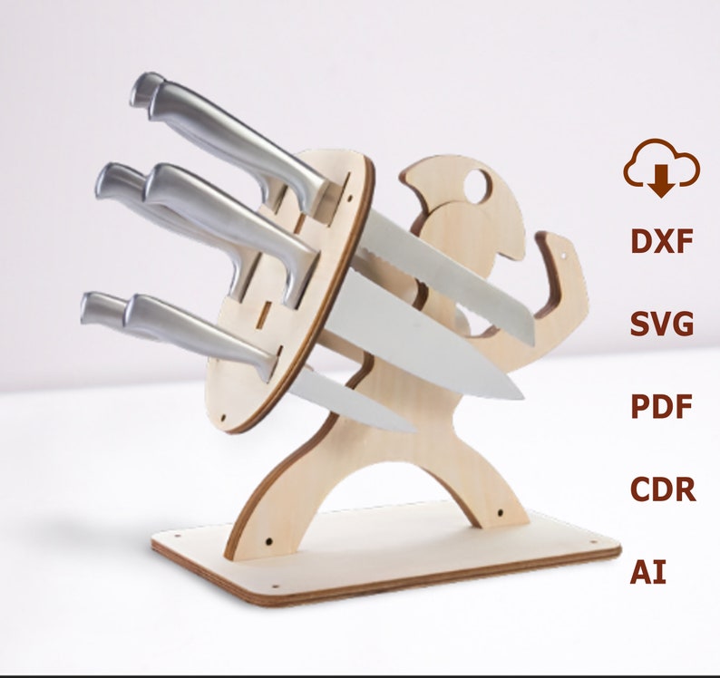 May include: A wooden knife holder shaped like a person holding a sword. The holder has four slots for knives and a base for stability. The holder is made of light wood and has a natural finish.