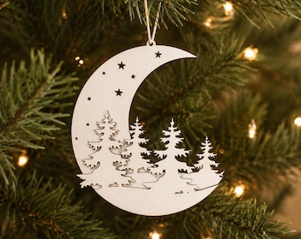 Celestial Christmas Crescent Moon Ornament, Pine Tree SVG Laser Cut File