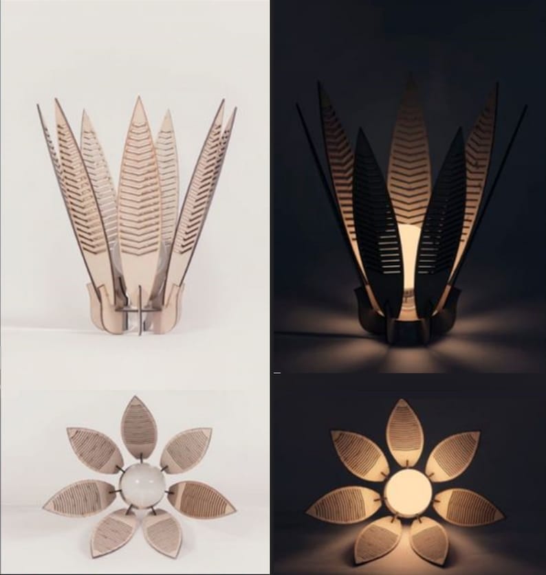 May include: Two wooden lamps with a leaf design. The lamps are shown on and off. The lamps are made of thin wood and have a delicate design.