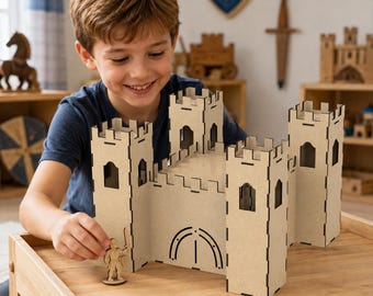 May include: A light-colored wooden toy castle featuring four tall corner towers with crenelated tops and a central arched gate. A small, matching wooden knight figurine stands in the foreground, crafted from flat, laser-cut wood panels.