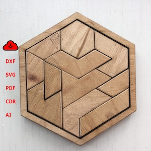May include: A wooden hexagonal puzzle with a geometric design. The puzzle is made of multiple pieces that fit together to create a larger shape.