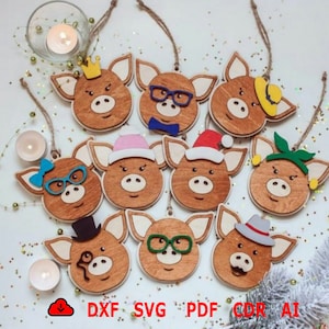 Adornos de decoración navideña de cerdo cortados con láser, cerdo bola de Navidad, regalo para Navidad y Año Nuevo SVG, adornos decoración para Navidad