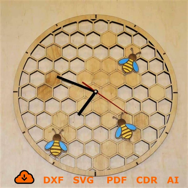 Wooden Beehive clock laser cut , Honey Bee Clock Laser cut SVG, Beehive wall decor svg, Decorative Wall Clock. Laser cut files SVG Vector