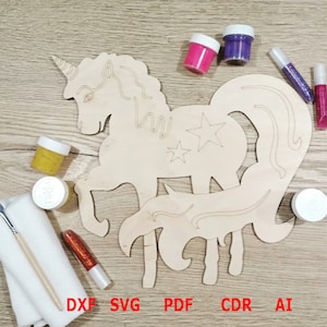 Dxf Svg houten decoratieve eenhoorn lasersnijden, snijden of afdrukken wanddecor, SVG-bundel vectortekening, CNC-router snijden eenhoorn svg