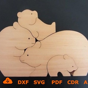 Houten Decoratieve Beren laser gesneden vijl, Dierlijke puzzel speelgoed liefde Beren, Decoratieve Houten beren familie svg dxf, Beer Hout Gesneden Vorm SVG