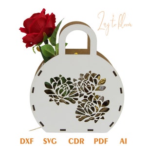 Houten mand voor bloemen en andere toepassingen, Houten handtas, CNC en lasersnijden, svg File, cnc Cut Vector, Multiplex geschenkdoos voor bloemen