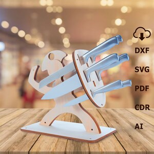 May include: Wooden knife holder shaped like a person holding a shield. The holder has slots for five knives and a base for stability. The holder is made of light brown wood and is a great way to organize and display your knives.