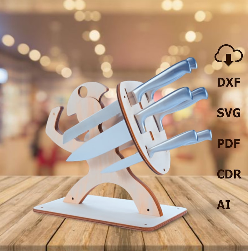 May include: Wooden knife holder shaped like a person holding a shield. The holder has slots for five knives and a base for stability. The holder is made of light brown wood and is a great way to organize and display your knives.