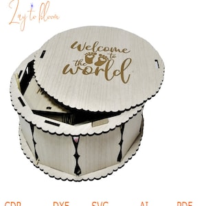 Archivos DXF para láser madera redonda personalizada ans caja de regalo personalizada, bautismo ans primer cumpleaños svg y archivos para corte láser, madera contrachapada 3mm