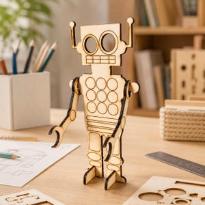 May include: A light-coloured wooden robot figure with a rectangular head, two circular eyes, and a grid of nine circles on its torso. The robot has articulated arms with claw-shaped hands, a segmented waist, and two feet, all featuring dark burnt edges.