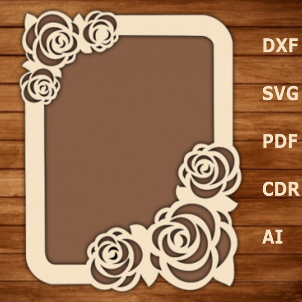 Wooden roses photo frame, Cutting or Printing wall decor, SVG Bundle Vector drawing, CNC router cuting roses flower