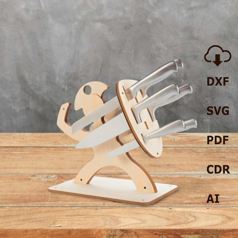 May include: Wooden knife holder shaped like a person holding a shield with knives attached to it. The holder is on a wooden surface.