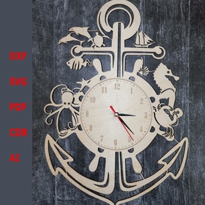 May include: A wooden clock featuring an anchor design and nautical elements, such as an octopus, seahorse, and starfish. The clock face has Roman numerals and a black and red hour and minute hand.
