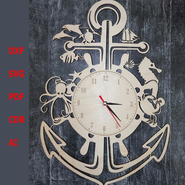 Decorative wall clock, anchor Nautical clock Cutting or Printing wall decor, SVG Bundle Vector drawing, CNC router cuting, wooden clock