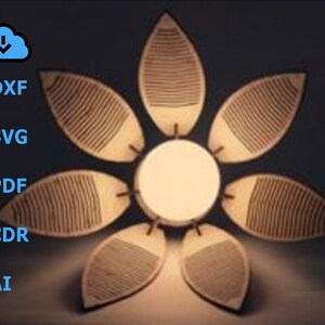 May include: A wooden flower-shaped lamp with a white light bulb in the center. The lamp is made of seven pieces of wood that are shaped like petals. The petals have a wood grain pattern and are arranged in a circle around the light bulb.