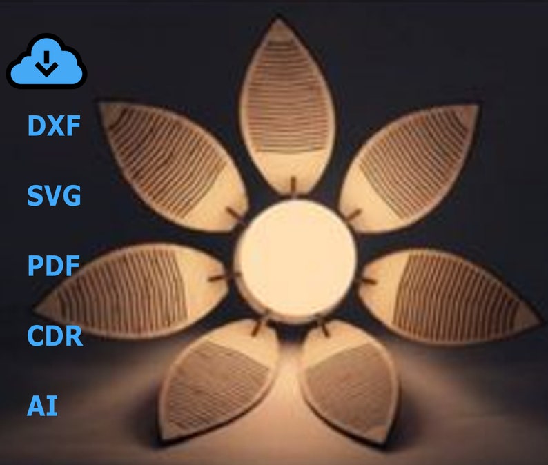 May include: A wooden flower-shaped lamp with a white light bulb in the center. The lamp is made of seven pieces of wood that are shaped like petals. The petals have a wood grain pattern and are arranged in a circle around the light bulb.