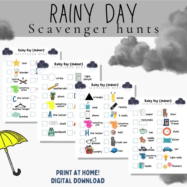 Rainy day indoor scavenger hunt / indoor kids activities / kids printable game / digital download / print at home / seek and find /