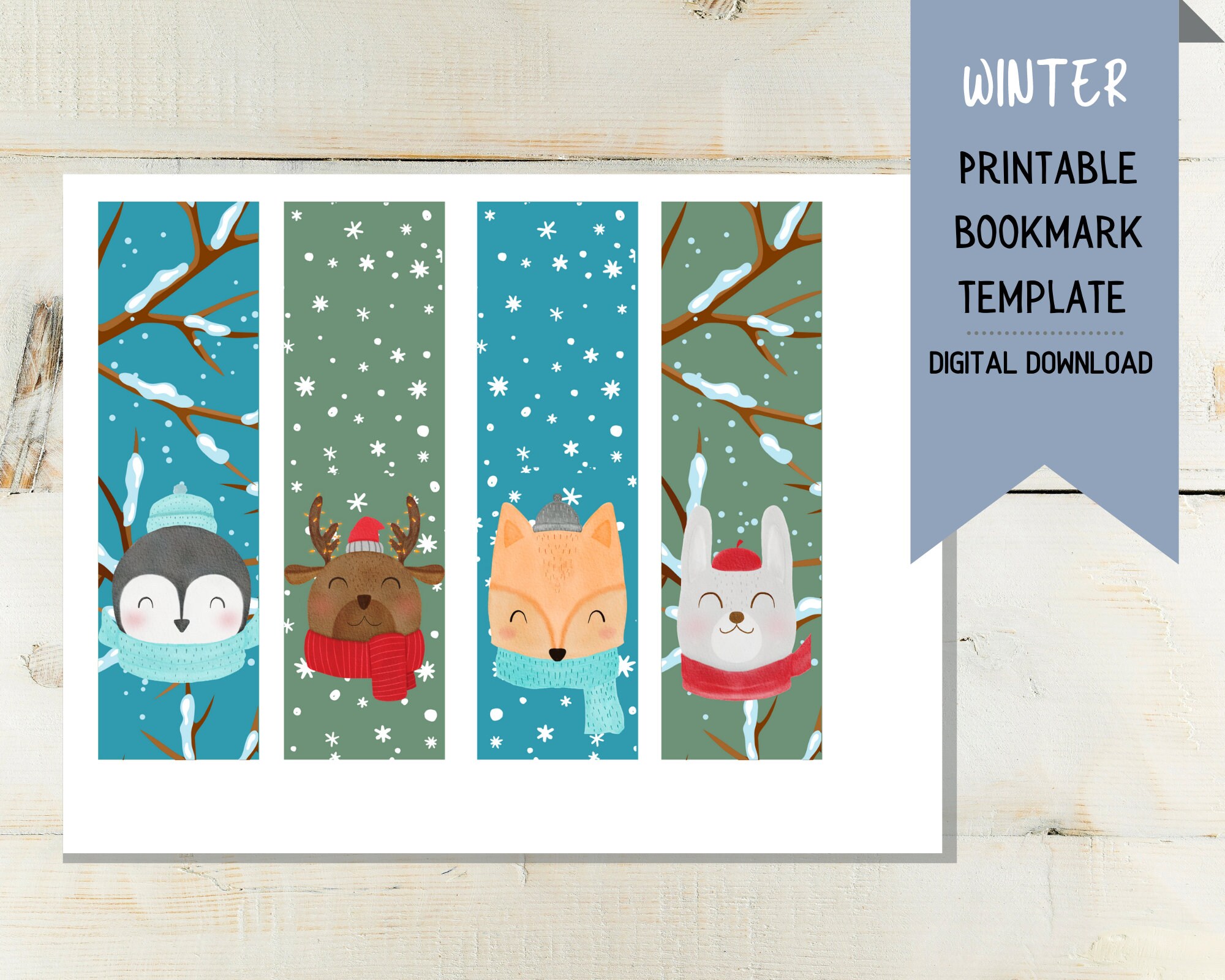 Printable Bookmark template / cute winter woodland animal Etsy