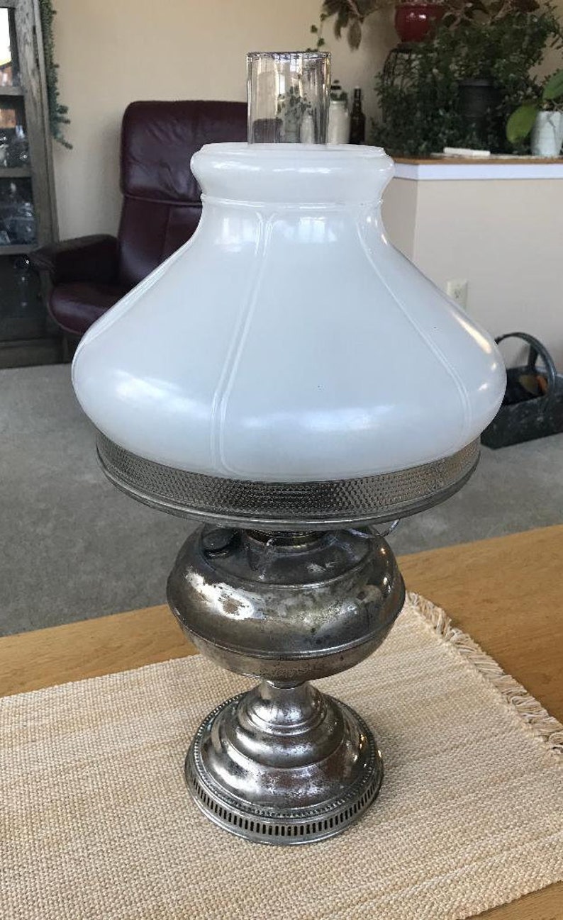 Rayo 1905 Nickel Plated Oil Lamp with Pearl Glass Shade Etsy