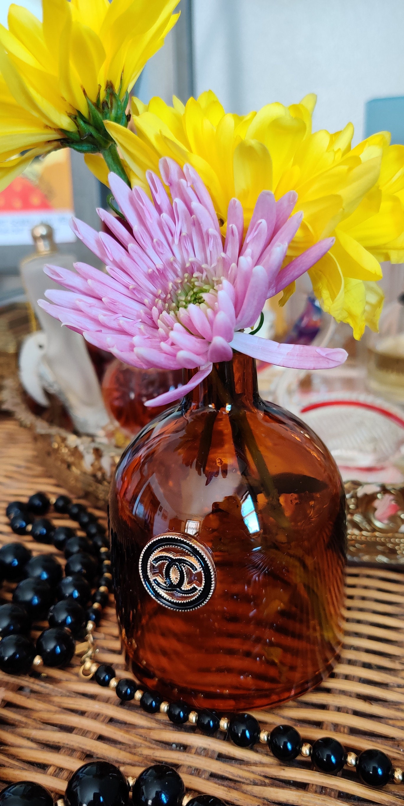 Unique Hand Blown Amber Glass Vase With Designer Button Etsy UK