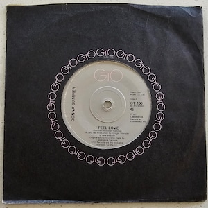 Può includere: Un disco in vinile 45 giri vintage di Donna Summer, intitolato "I Feel Love". Il disco è in una custodia nera con la scritta "GTO" sul bordo. L'etichetta del disco è argentata con testo nero.
