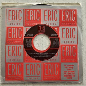 May include: A 45 RPM vinyl record by Albert Hammond titled It Never Rains In Southern California on the Eric Records label. The record features a black centre label with white text, housed in a red and grey sleeve with a repeating Eric Oldies logo.