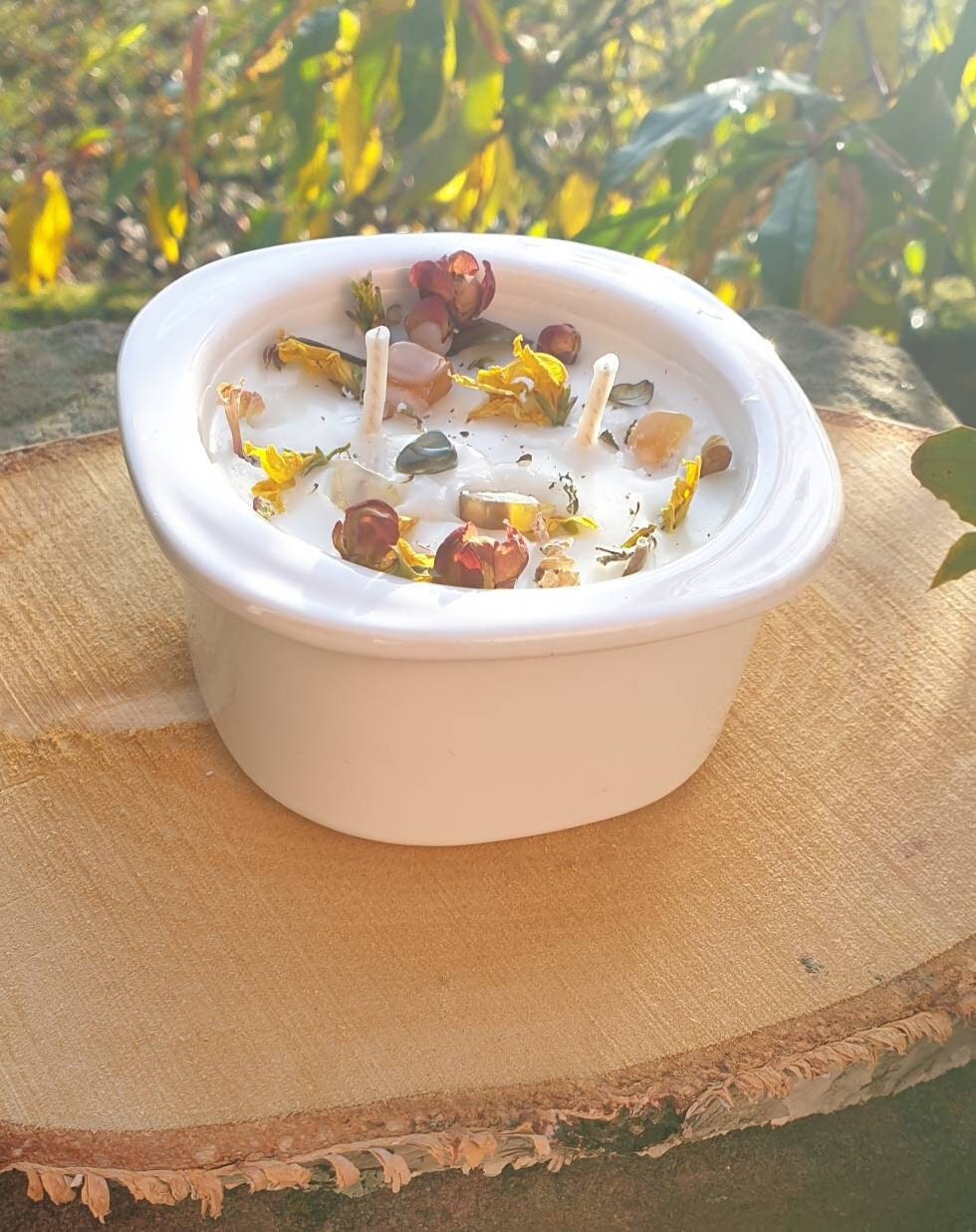 Bougie Végétale Mangue Fruit de La Passion, Agathe Jaune, Fleurs Séchés Céramique, Écologique Biodég