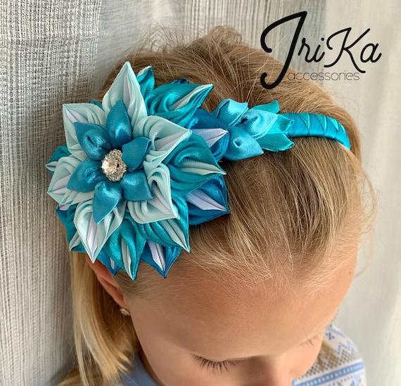 BLUE Flower headband KanzashiFlower crown for girls Headbands for girlsBlue flowers hair bandOrganza FlowersDiadema de flores