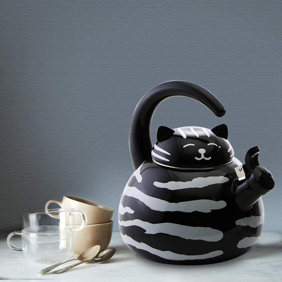 Cat Design Enamelon Steel Whistling Tea Kettle 2.3 Quarts Etsy