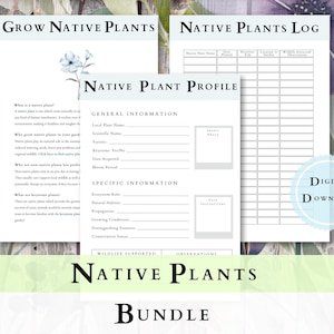Op de afbeelding: Een bundel afdrukbare pagina's voor liefhebbers van inheemse planten. Bevat een "Native Plant Profile", een "Native Plants Log" en een gids getiteld "Grow Native Plants". De pagina's hebben een bloemenontwerp.
