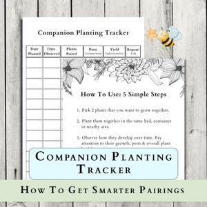 Może przedstawiać: Biała karta Companion Planting Tracker z kwiatową obwódką i kreskówką pszczoły. Tracker zawiera sekcje dla daty, sparowanych roślin, szkodników, plonów i powtórzeń. Widoczny jest również tekst "How To Use: 5 Simple Steps".