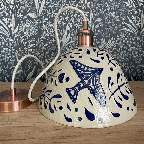 Pendant lamp with birds and plants | custom-made | rutic blue and white