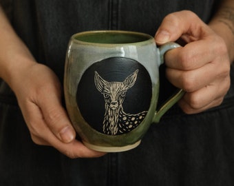 Large ceramic mug "roe deer" - stoneware - capacity 400 ml - handmade