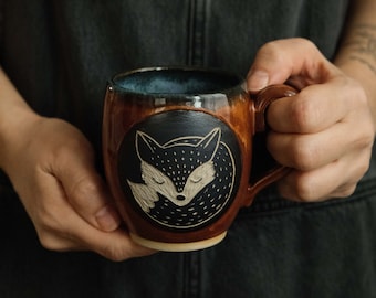Cute ceramic mug "sleeping fox" - amber brown and blue glaze - 350 ml - ceramic gift idea