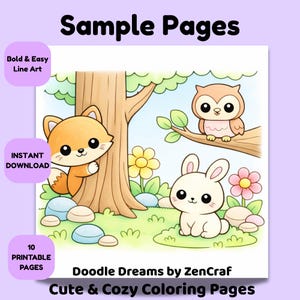Puede incluir: Una página para colorear digital con un zorro, un búho y un conejo en una escena de bosque. La imagen incluye el texto "Sample Pages", "Bold & Easy Line Art", "Instant Download", "10 Printable Pages", "Doodle Dreams by ZenCraf" y "Cute & Cozy Coloring Pages".