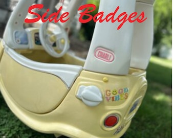 Coupe Little Side badge cover 2.5in x 1.25in Tags  Personalized fits on many little tykes kids toys golf bag set of 2