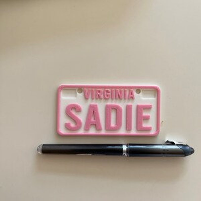 Puede incluir: Placa de matr&iacute;cula de pl&aacute;stico rosa con la palabra "VIRGINIA" y el nombre "SADIE" en letras blancas.
