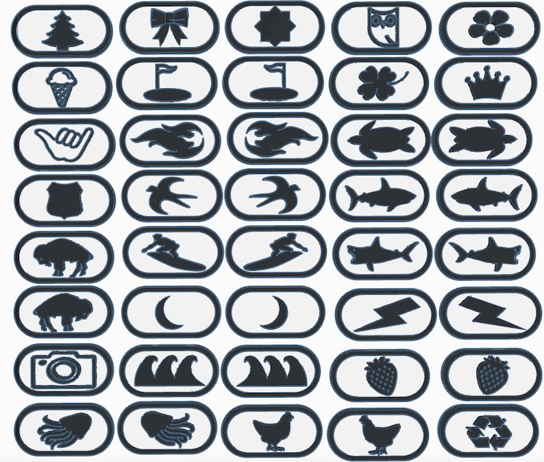 Puede incluir: Un conjunto de 40 iconos en blanco y negro en un marco ovalado blanco con un borde azul oscuro. Los iconos representan varios temas, incluyendo la naturaleza, los animales, los deportes y la comida.