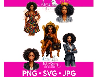 Boss Babe Clipart Bundle: Powerful Black Women Illustrations (PNG/SVG/JPG, Commercial Use